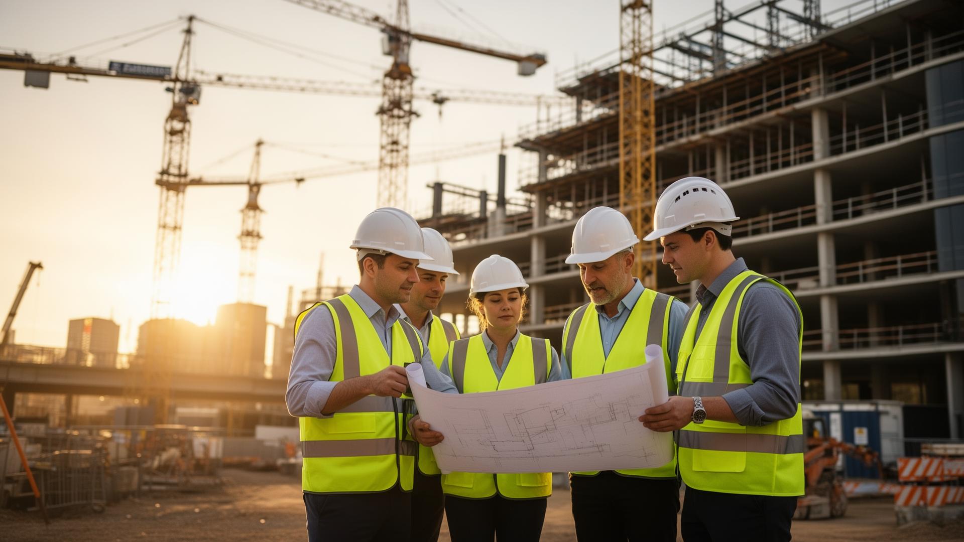 Australian construction project team reviewing plans on site at golden hour