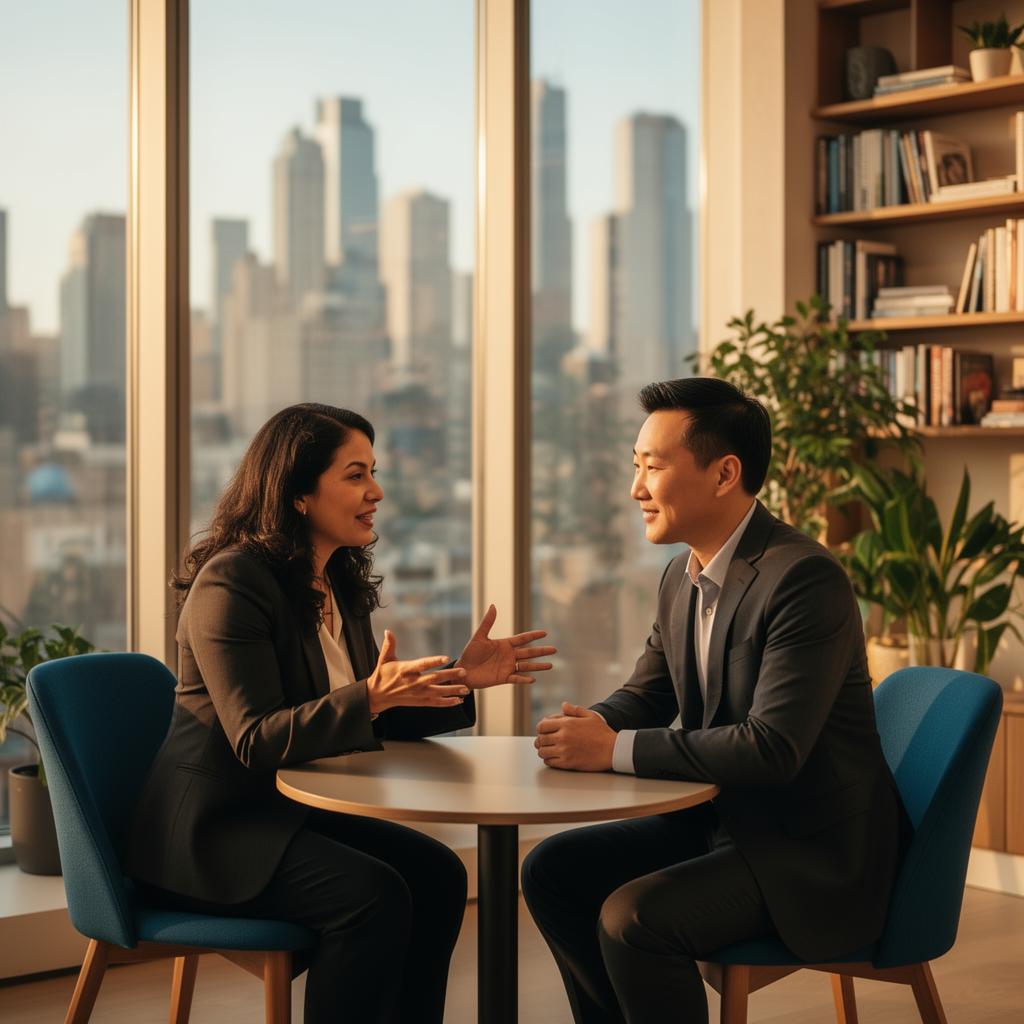 A leadership coach in a one-on-one session with a senior executive