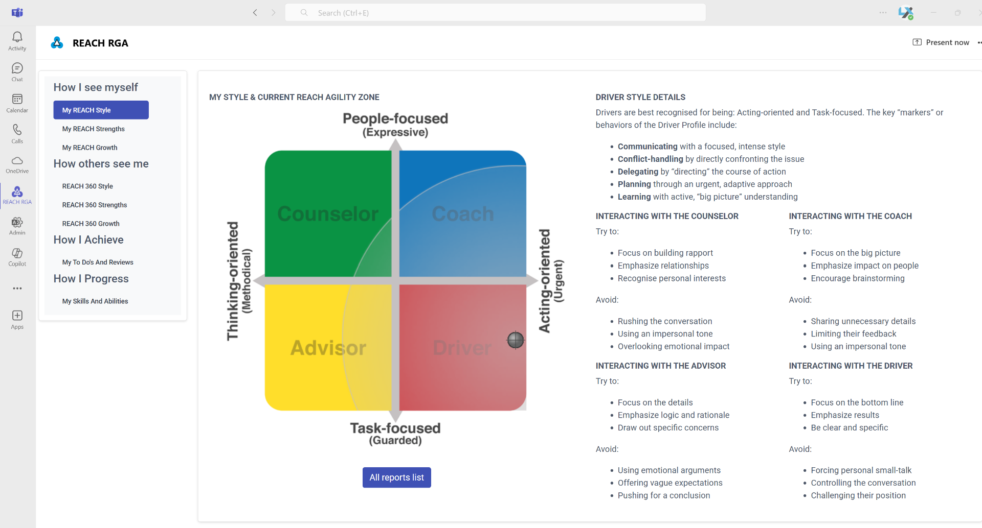 Personal REACH style report inside MS Teams